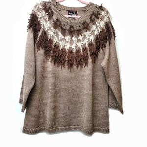 Rara Avis by Iris Apfel Tan Brown Fringe Crewneck Wool Blend Sweater Size 1X